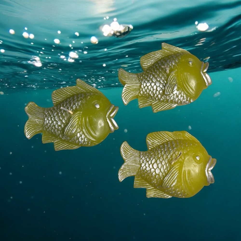 Vintage Set 3 Tilapia Fish Shaped Wax Candles- Olive Green Silver Accents Scales